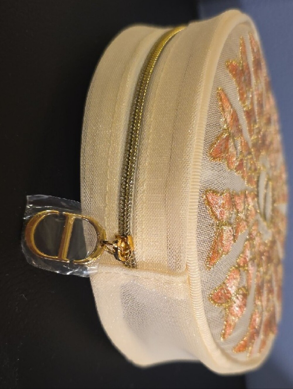 Exclusive New Christian Dior Ebroidered Butterfly Round Pouch - Cream and Peach - Picture 2 of 4